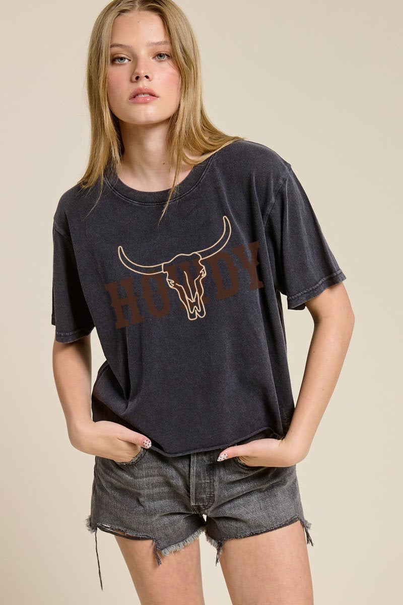 Howdy Puff Print Steer Boxy Tee- Black Wash
