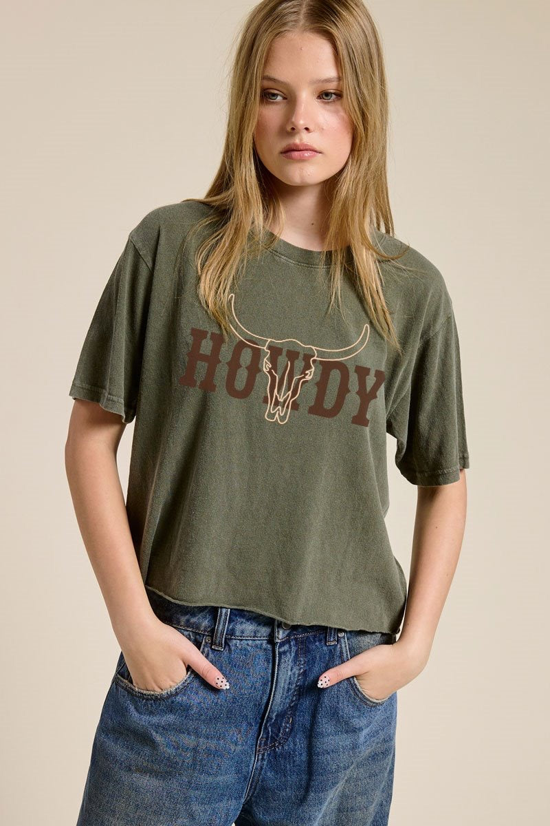 Howdy Puff Print Steer Boxy Tee- Army Green
