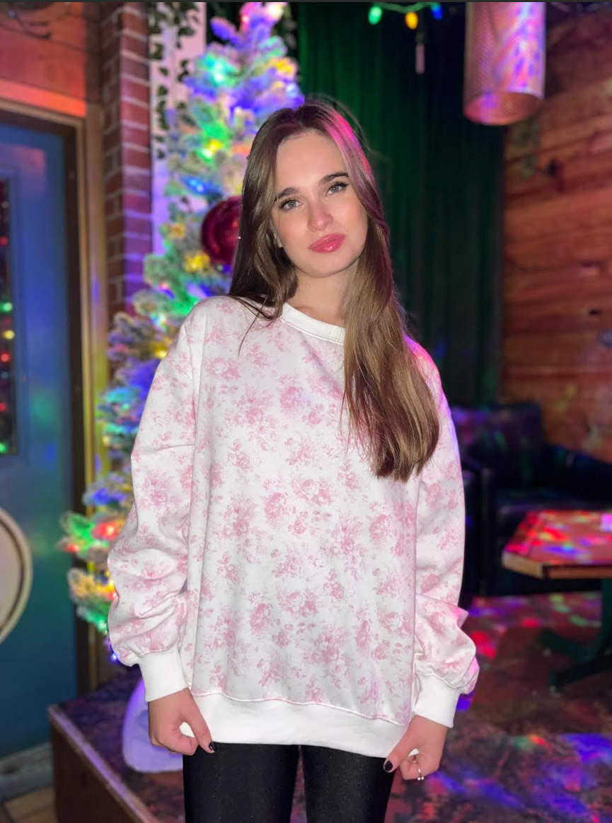 Comfy Rose Sweatshirt With Racer Stripe Sleeve