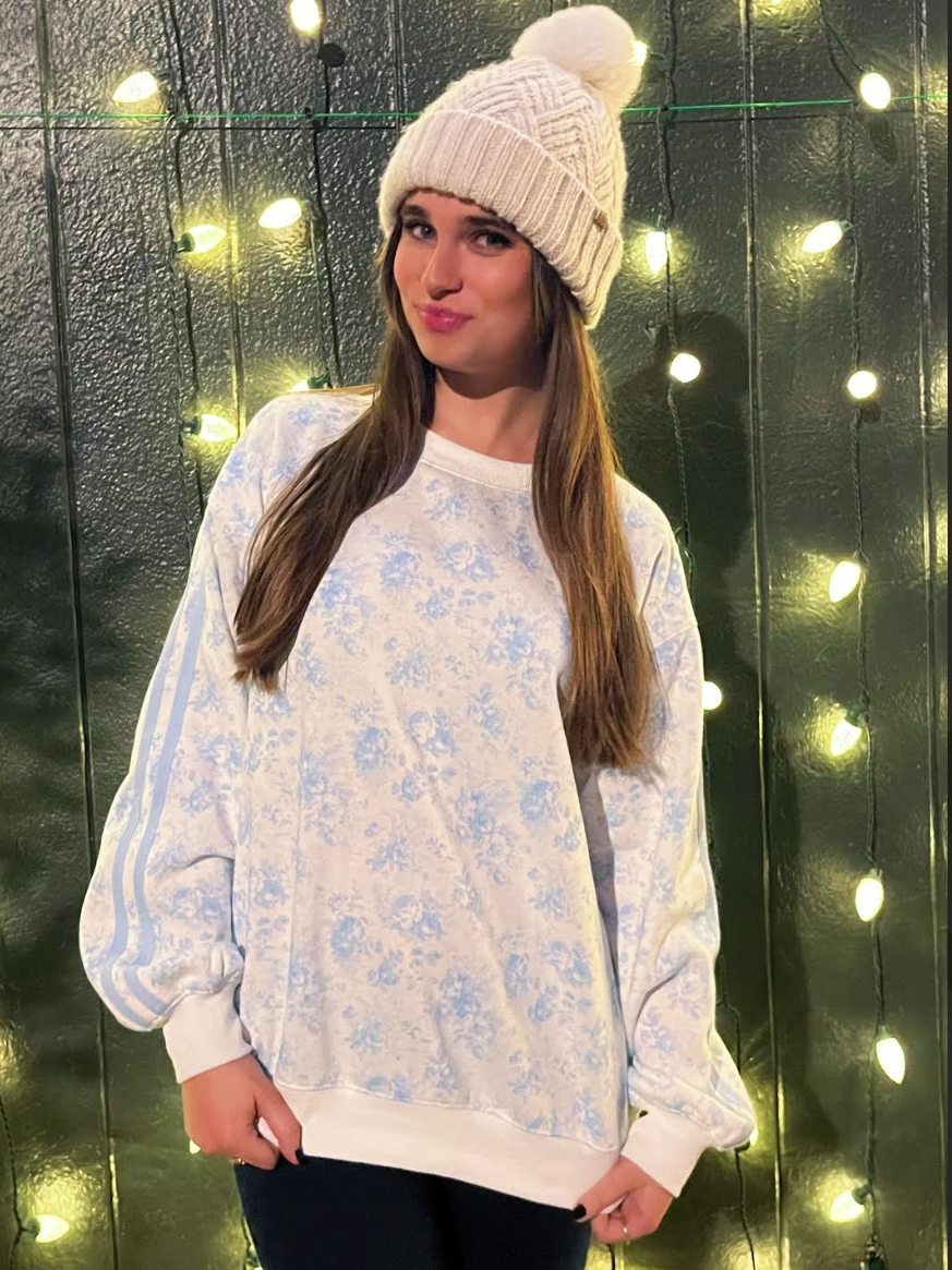 Comfy Rose Sweatshirt With Racer Stripe Sleeve